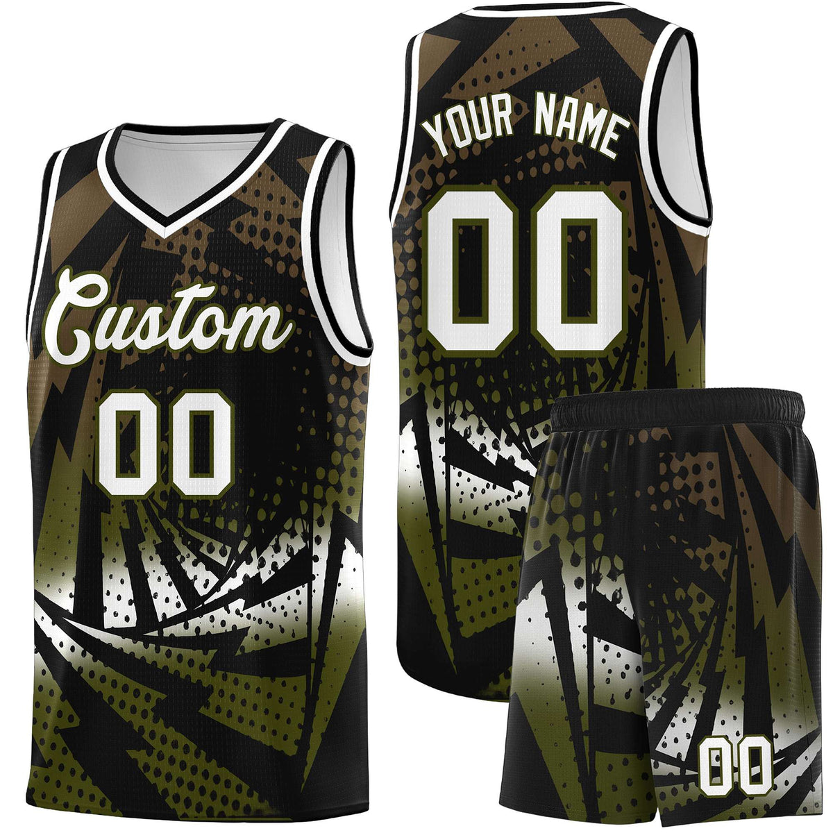Custom Youth Basketball Jerseys Black Olive Lightning Design Halftone Personalized Uniforms