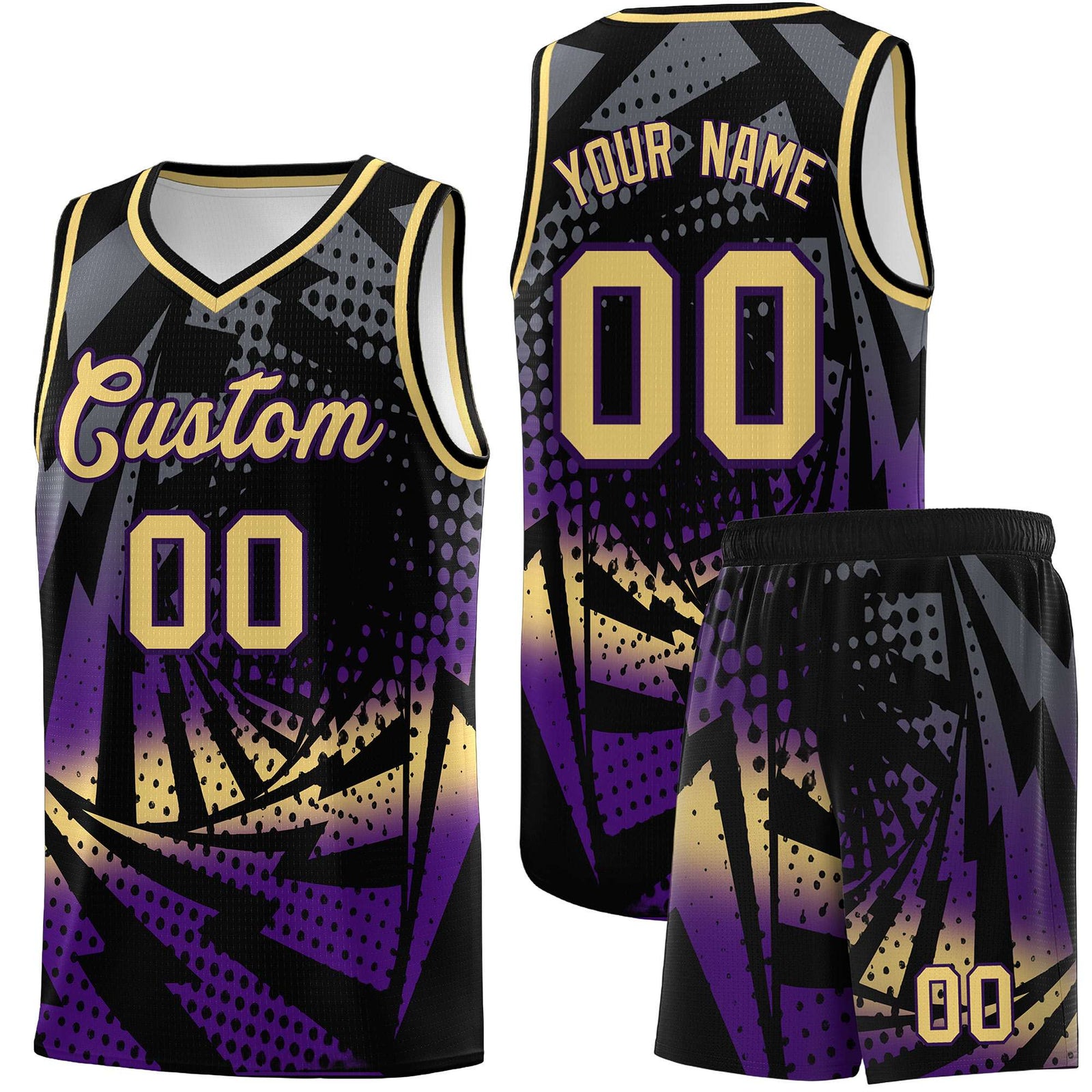 Custom Youth Basketball Jerseys Black Purple Lightning Design Halftone Personalized Uniforms