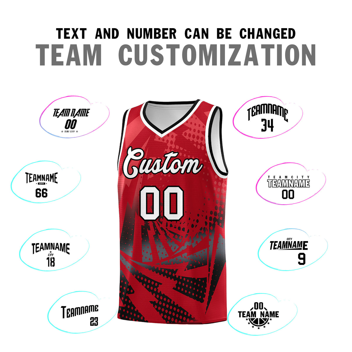 Custom Youth Basketball Jerseys Red Black Lightning Halftone Personalized Team Uniforms
