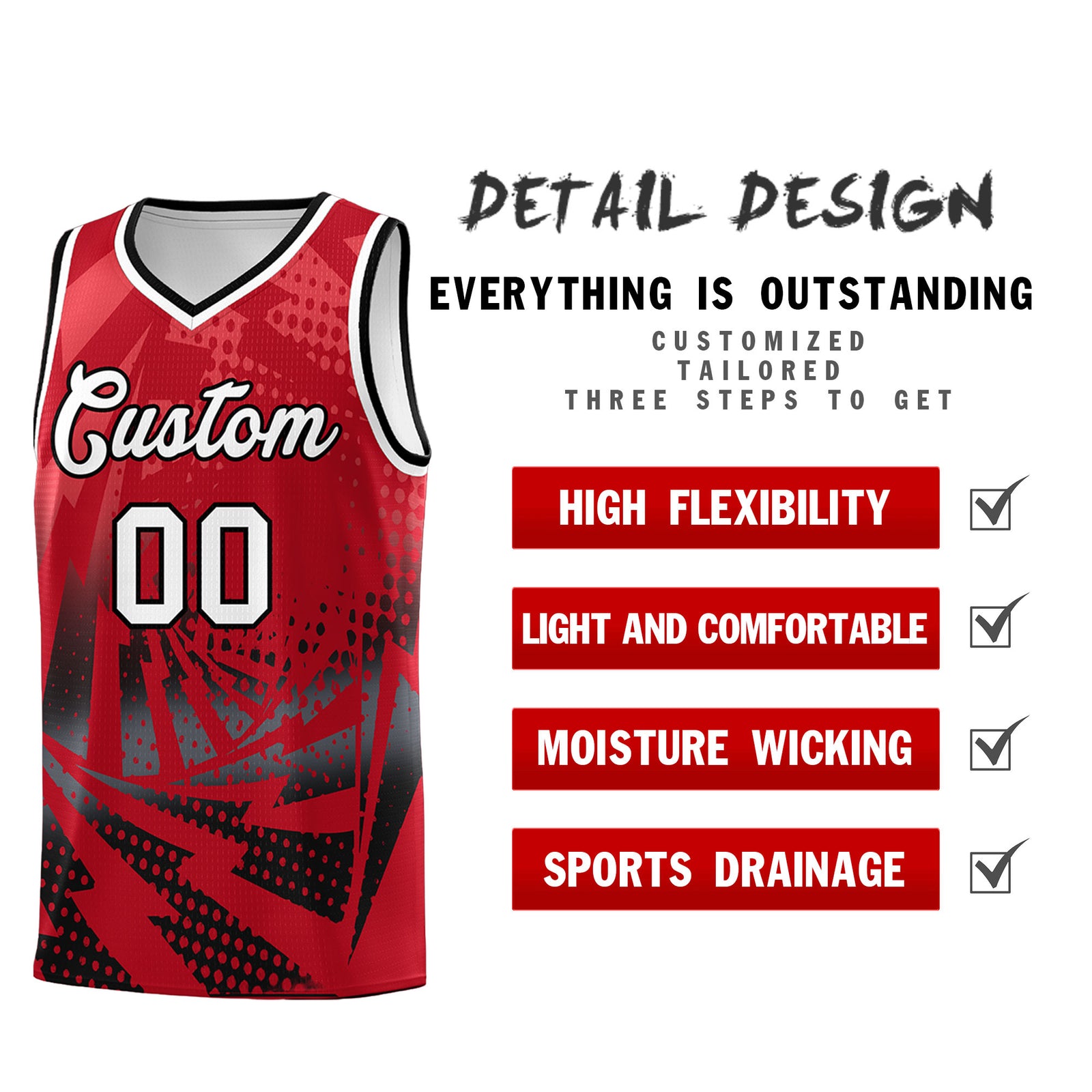 Custom Youth Basketball Jerseys Red Black Lightning Halftone Personalized Team Uniforms