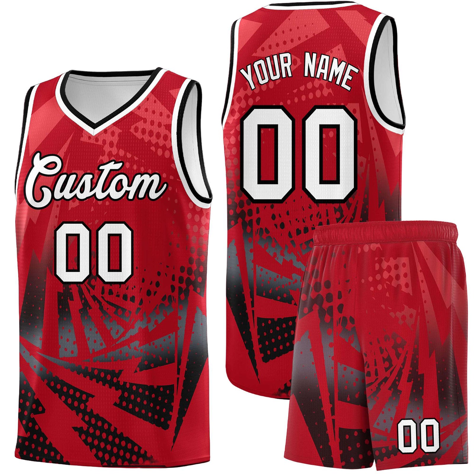 Custom Youth Basketball Jerseys Red Black Lightning Halftone Personalized Team Uniforms