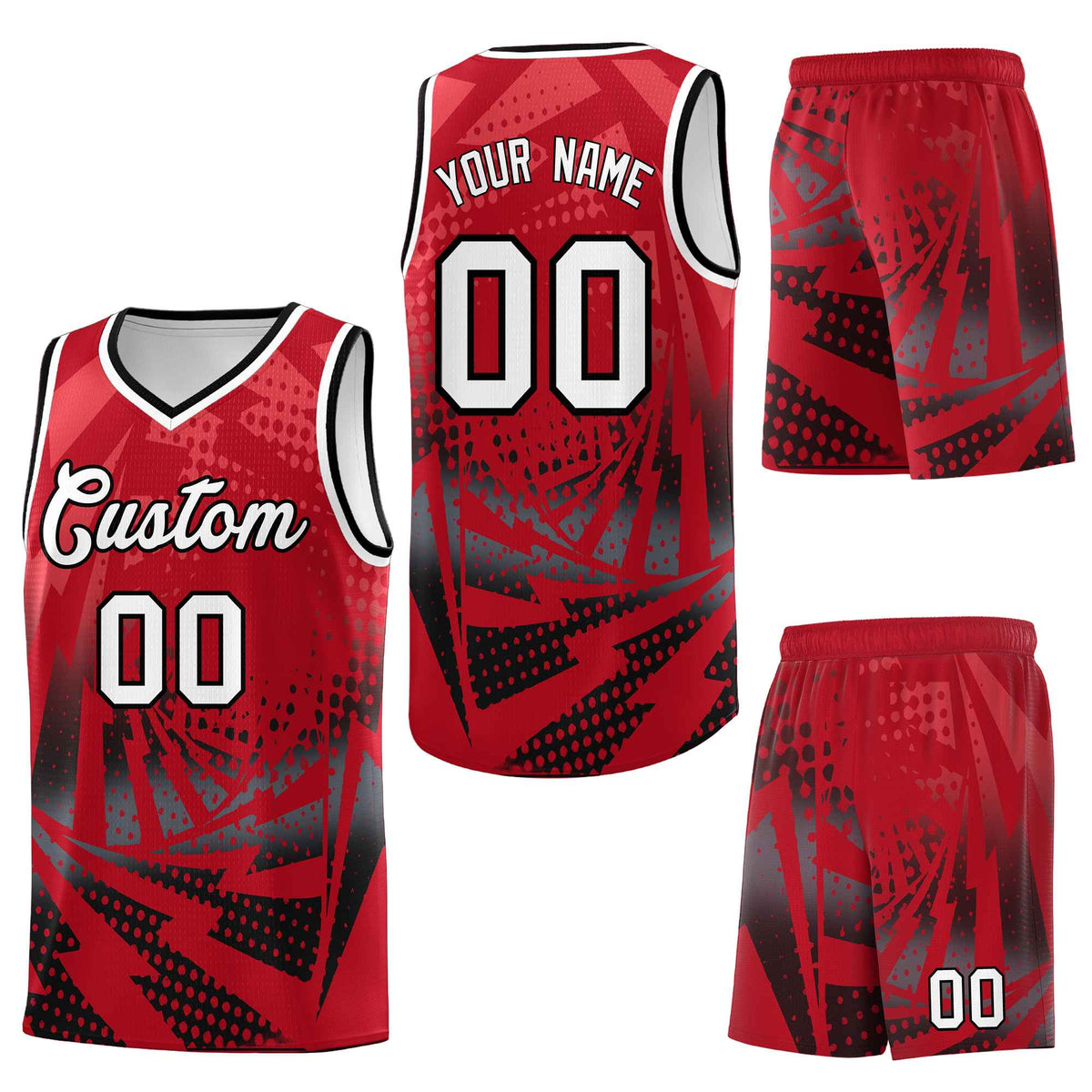 Custom Red Black Lightning Halftone Dot Design Drapable Uniform Basketball Jersey