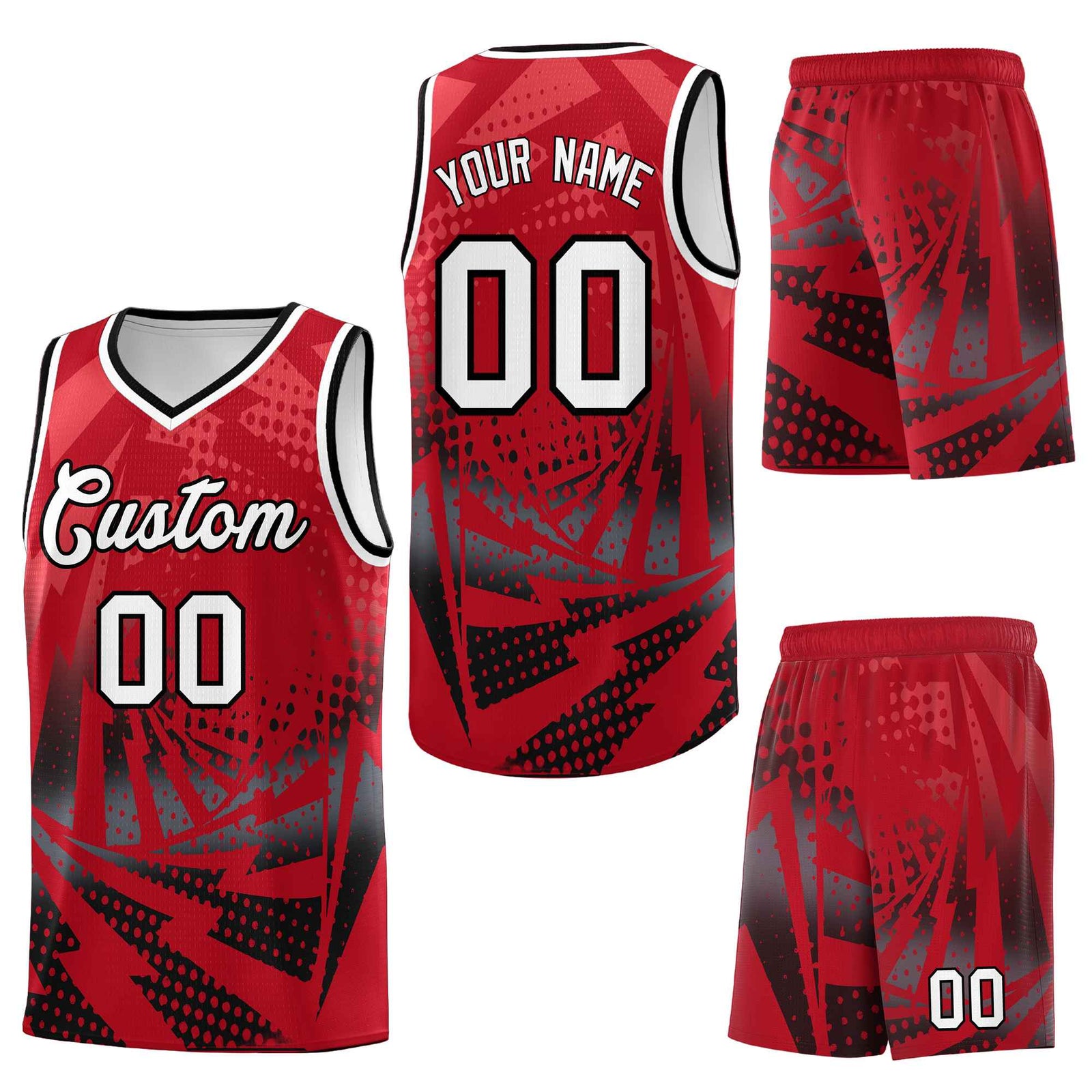 Custom Red Black Lightning Halftone Dot Design Drapable Uniform Basketball Jersey