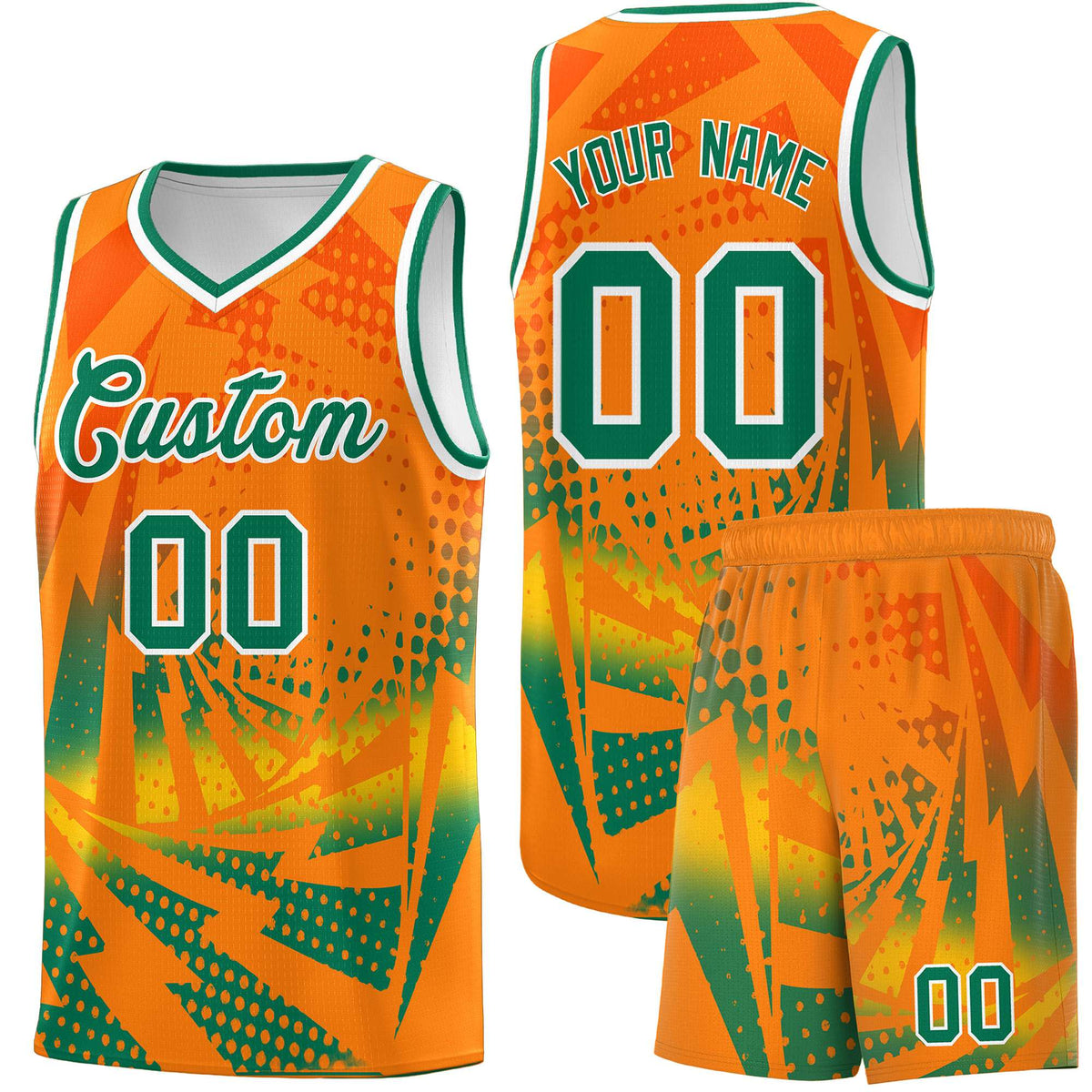 Custom Youth Basketball Jerseys Orange Kelly Green Lightning Design Halftone Personalized Uniforms