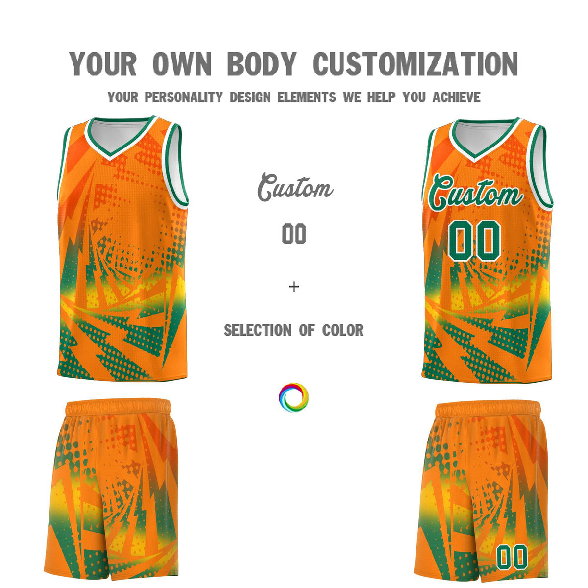 Custom Youth Basketball Jerseys Orange Kelly Green Lightning Design Halftone Personalized Uniforms