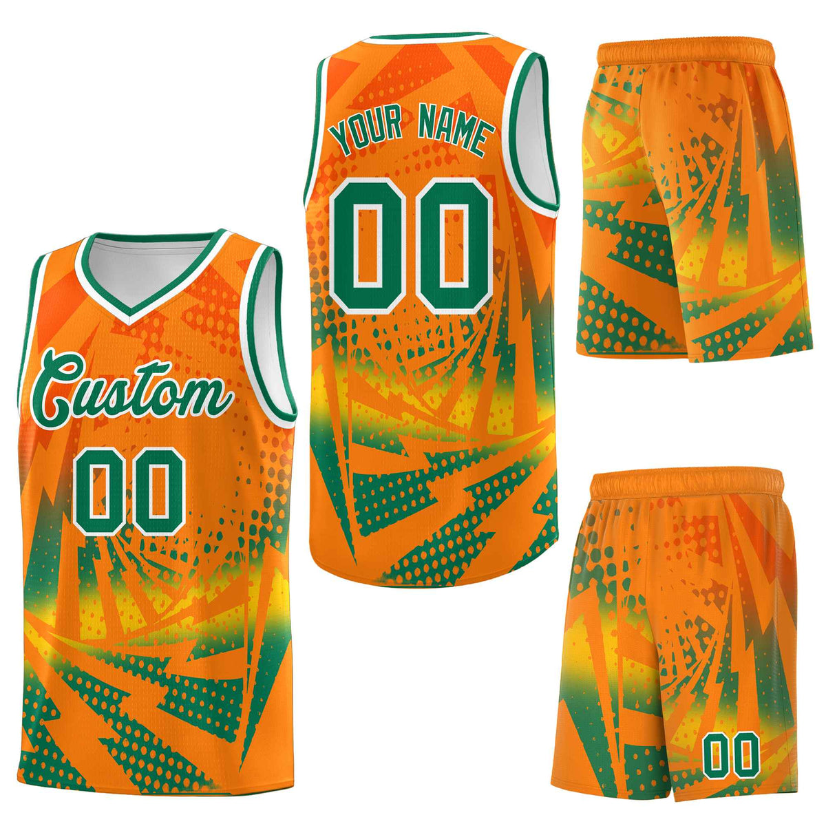 Custom Orange Kelly Green Lightning Halftone Dot Design Breathable Uniform Basketball Jersey