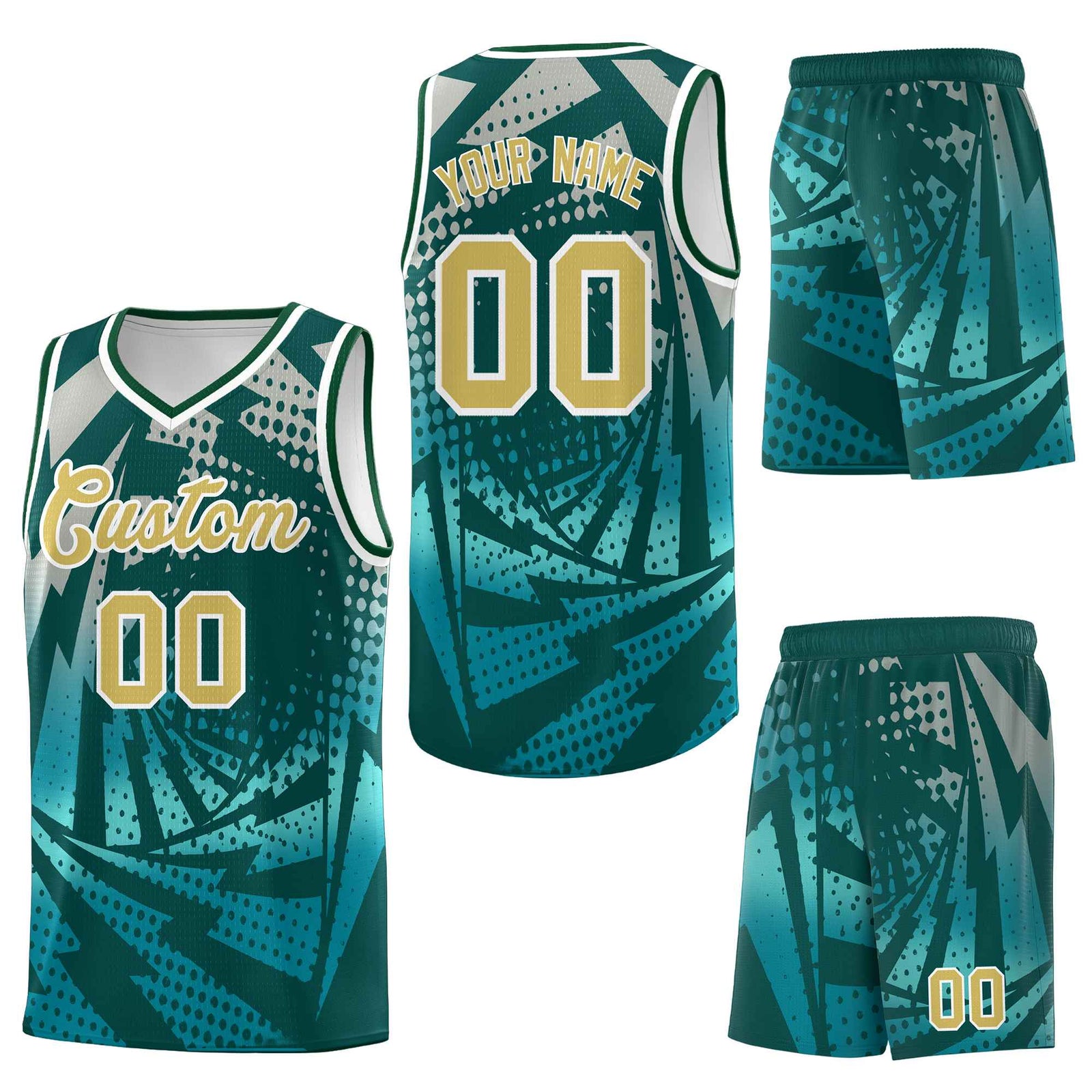 Custom Midnight Green Teal Lightning Halftone Dot Design Wrinkle-Resistant Uniform Basketball Jersey