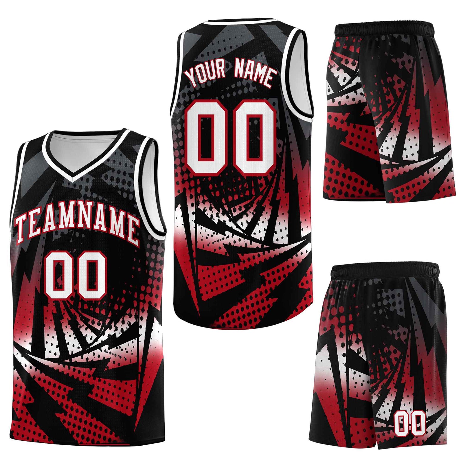 Custom Black Red Lightning Halftone Dot Design Quick-Drying Uniform Basketball Jersey