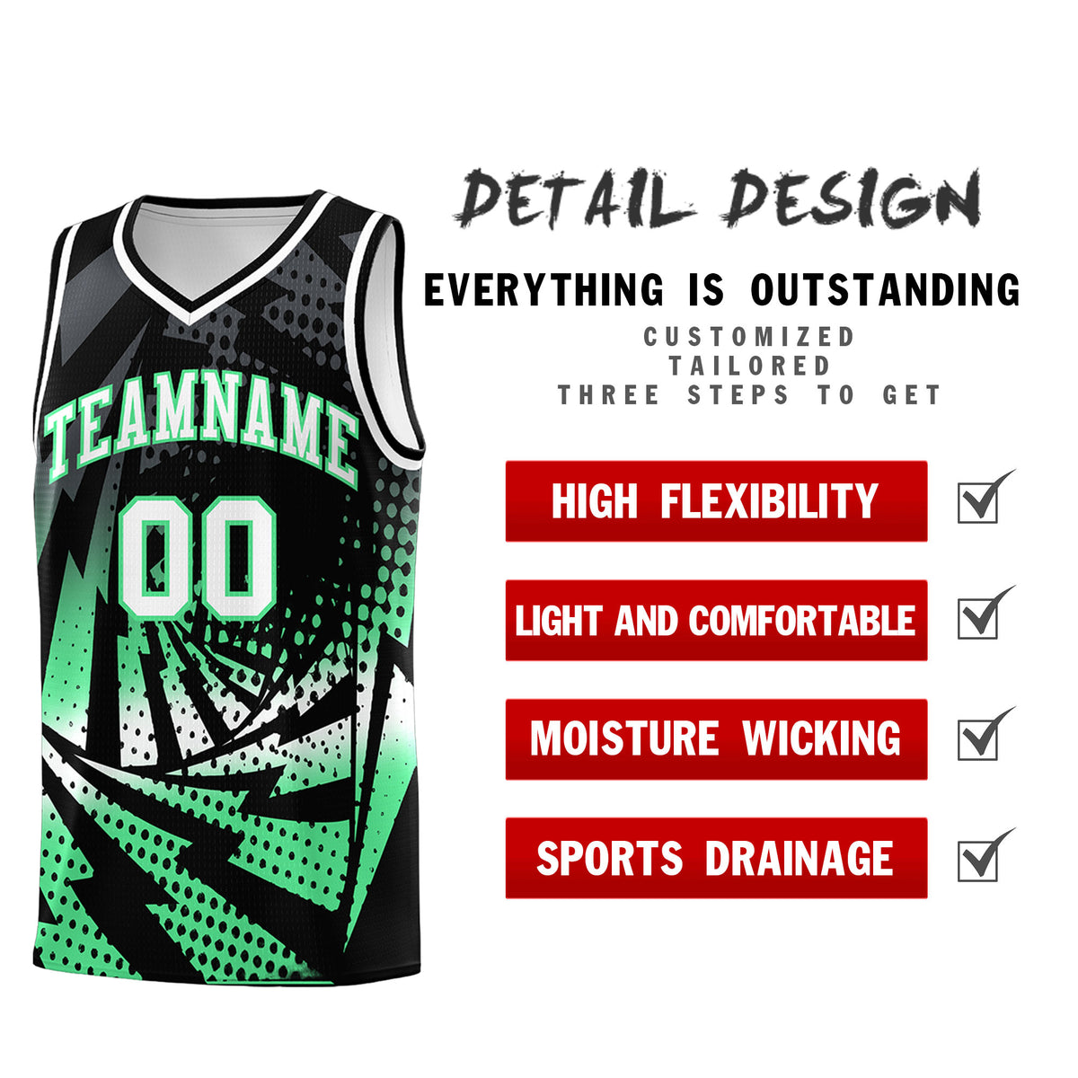 Custom Youth Basketball Jerseys Black Green Lightning Design Halftone Personalized Uniforms