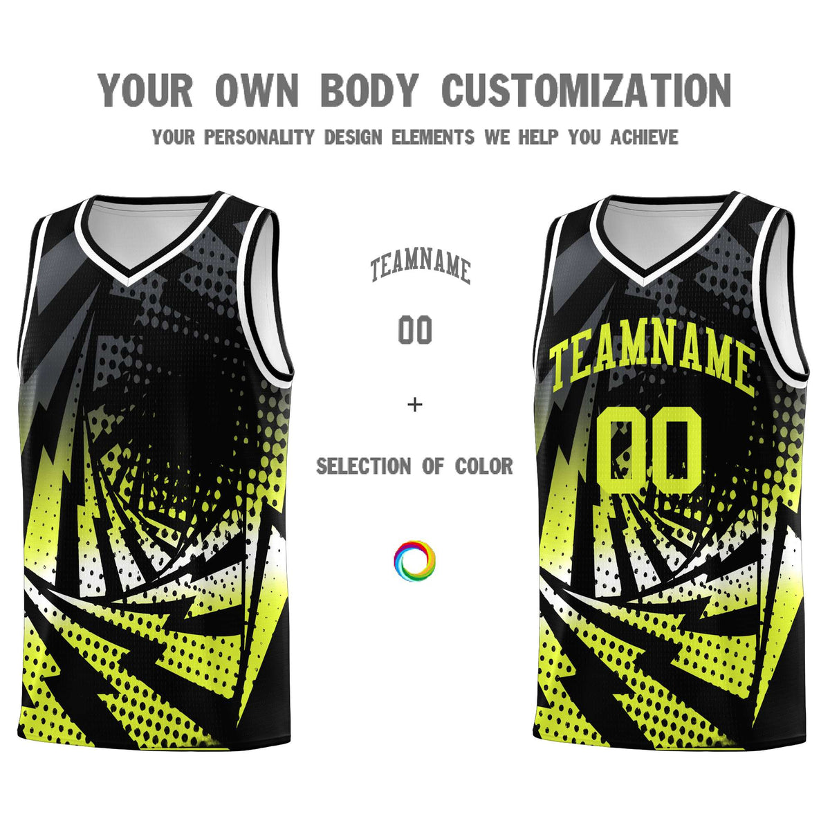 Custom Youth Basketball Jerseys Black Fluorescent Green Lightning Halftone Personalized Team Uniforms