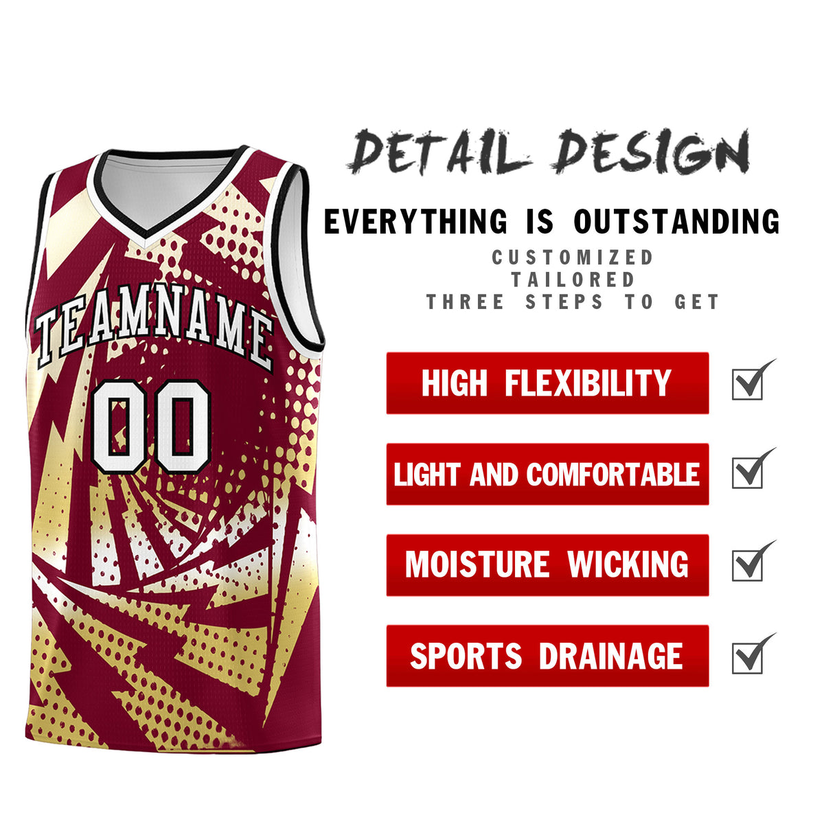 Custom Youth Basketball Jerseys Crimson Old Gold Lightning Design Halftone Personalized Uniforms