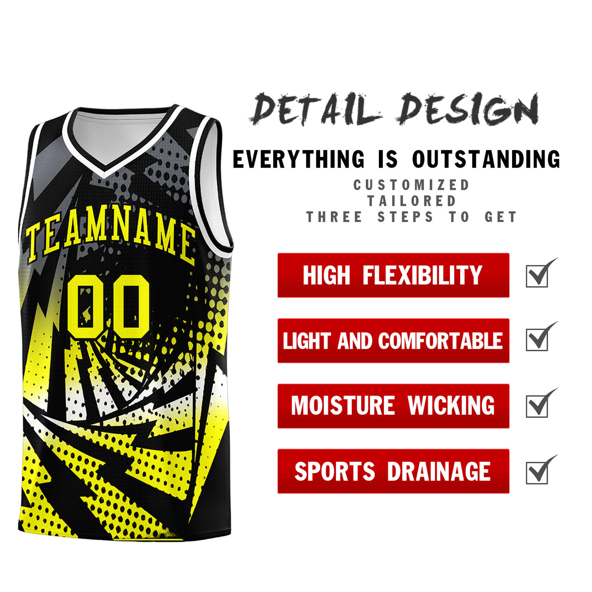 Custom Youth Basketball Jerseys Black Fluorescent Yellow Lightning Design Halftone Personalized Uniforms