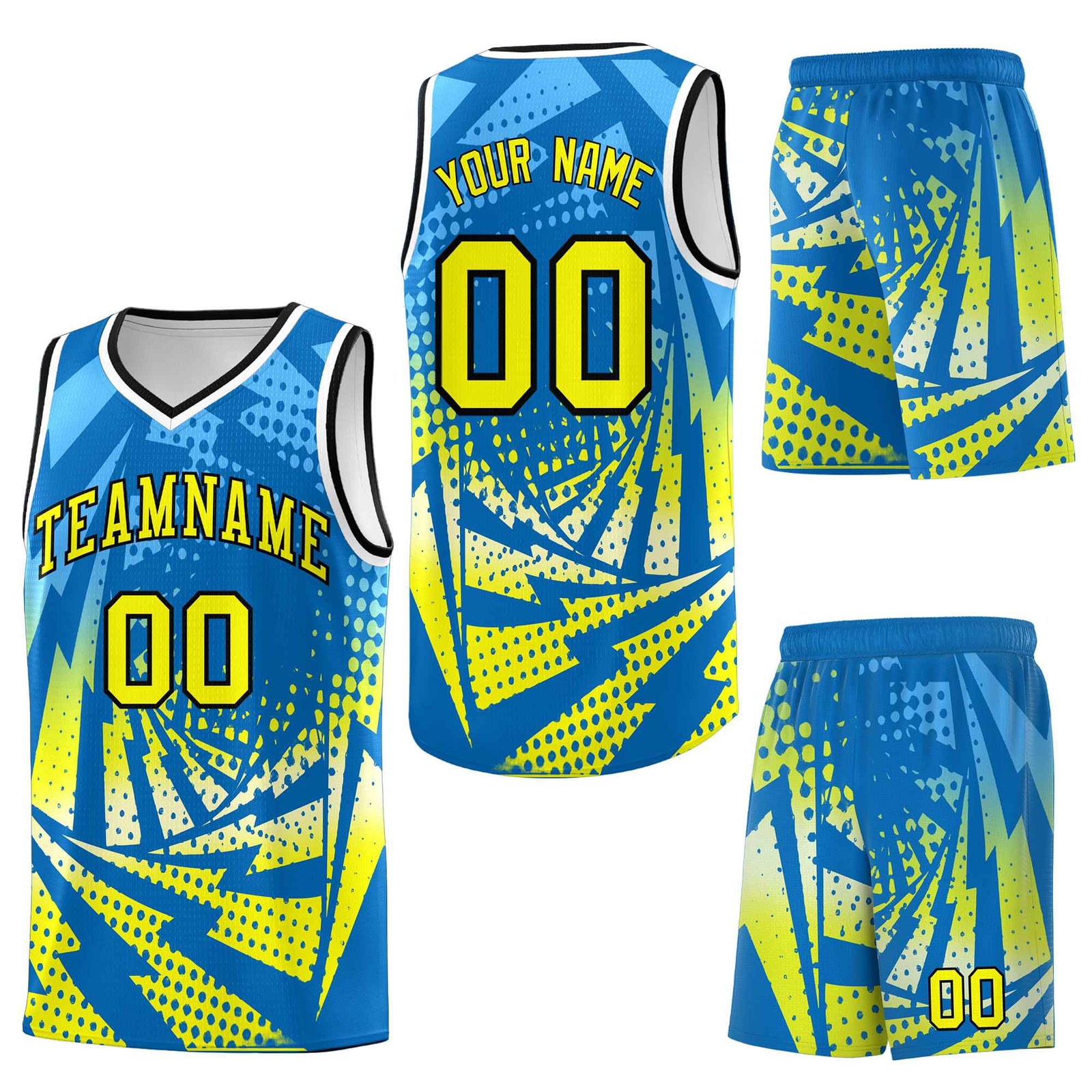 Custom Light Blue Fluorescent Yellow Lightning Halftone Dot Design Lightweight Uniform Basketball Jersey