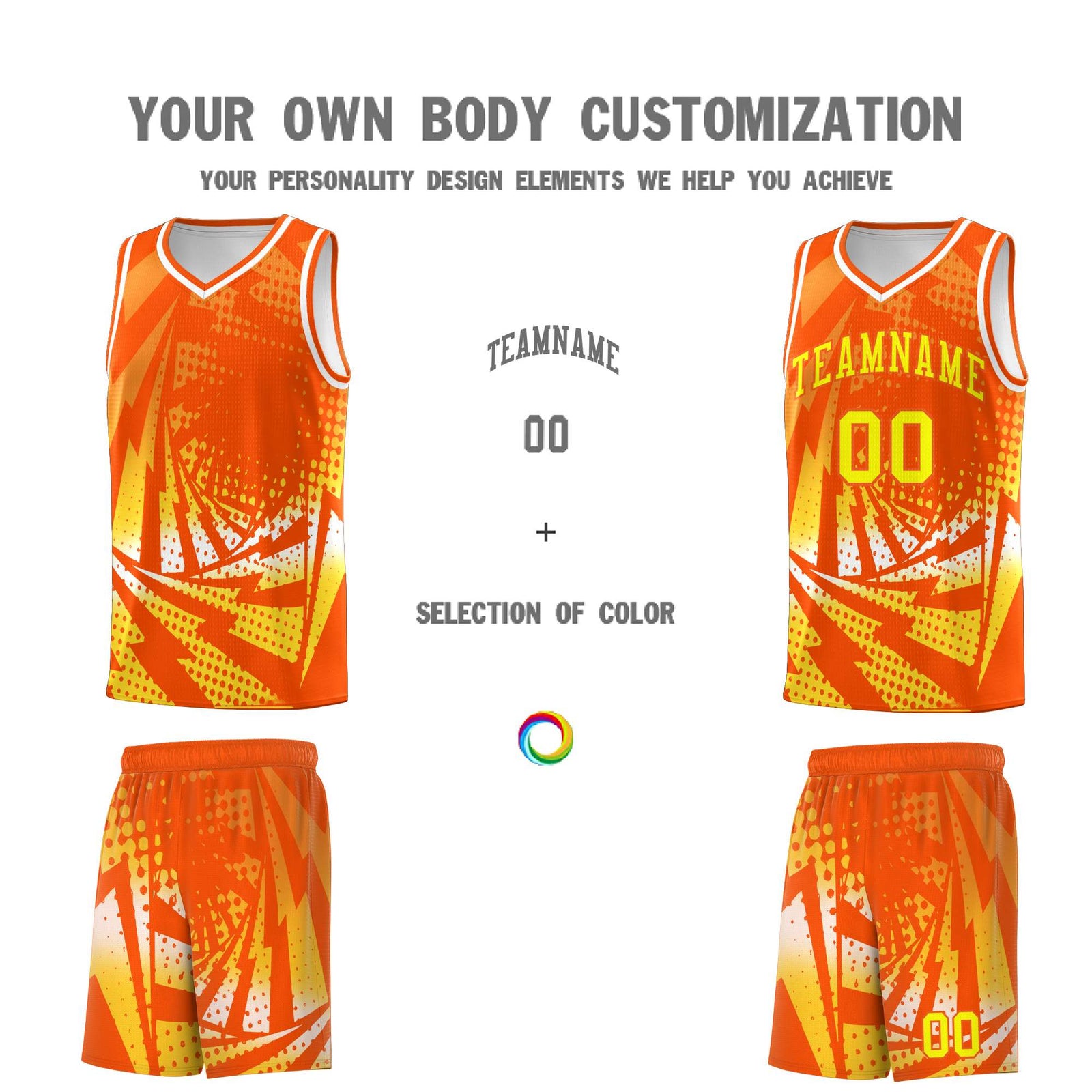 Custom Youth Basketball Jerseys Orange Gold Lightning Halftone Personalized Team Uniforms