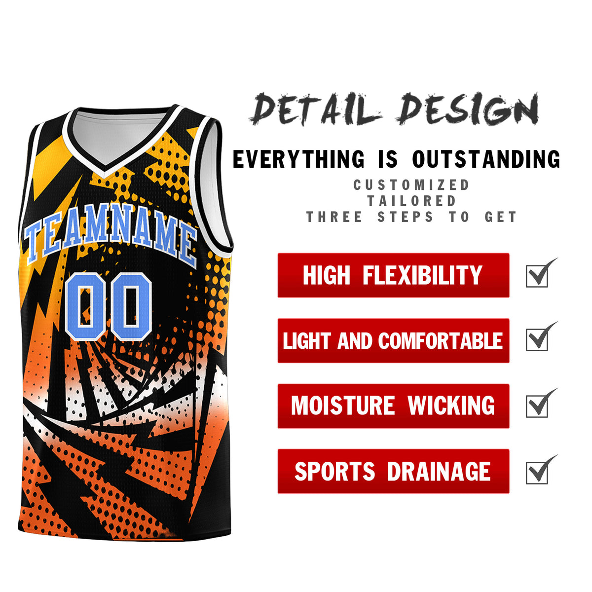 Custom Youth Basketball Jerseys Black Orange Lightning Design Halftone Personalized Uniforms