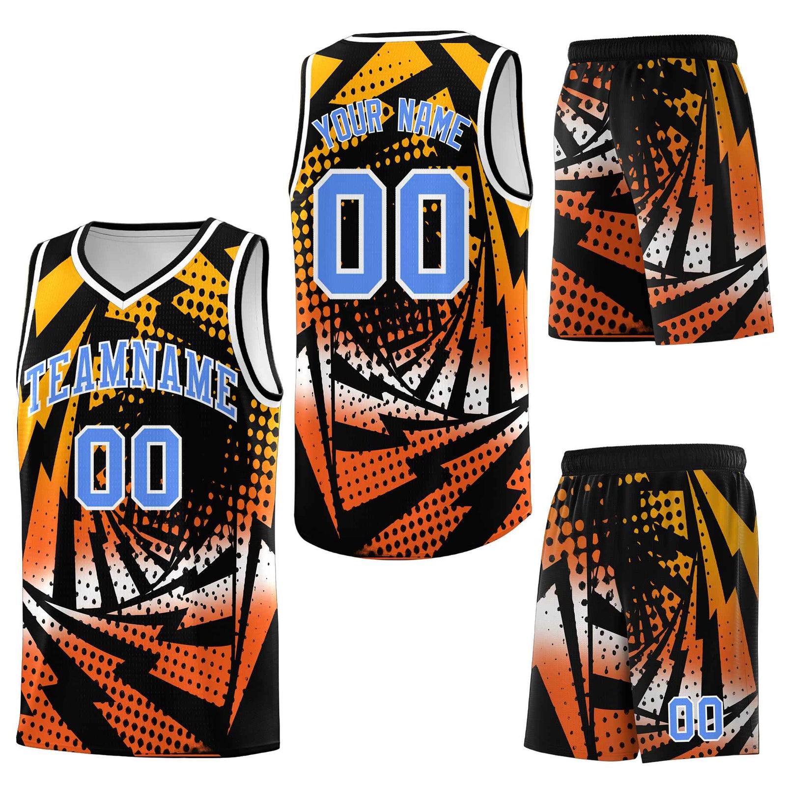 Custom Black Orange Lightning Halftone Dot Design Drapable Uniform Basketball Jersey