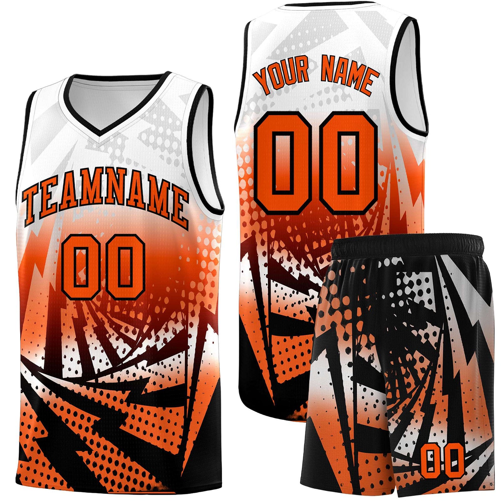 Custom Youth Basketball Jerseys White Orange Lightning Halftone Personalized Team Uniforms
