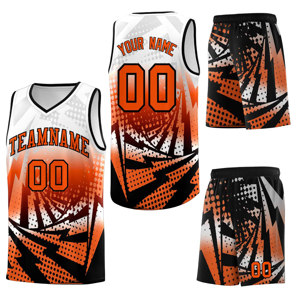 Custom White Orange Lightning Halftone Dot Design Breathable Uniform Basketball Jersey