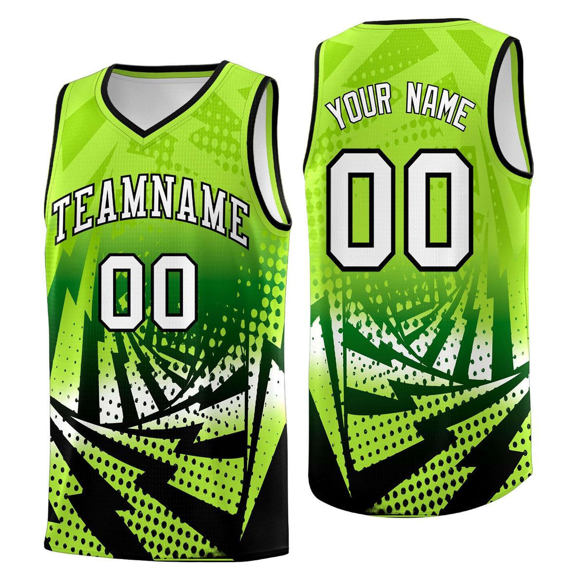 Custom Youth Basketball Jerseys Neon Green Black Lightning Halftone Personalized Team Uniforms