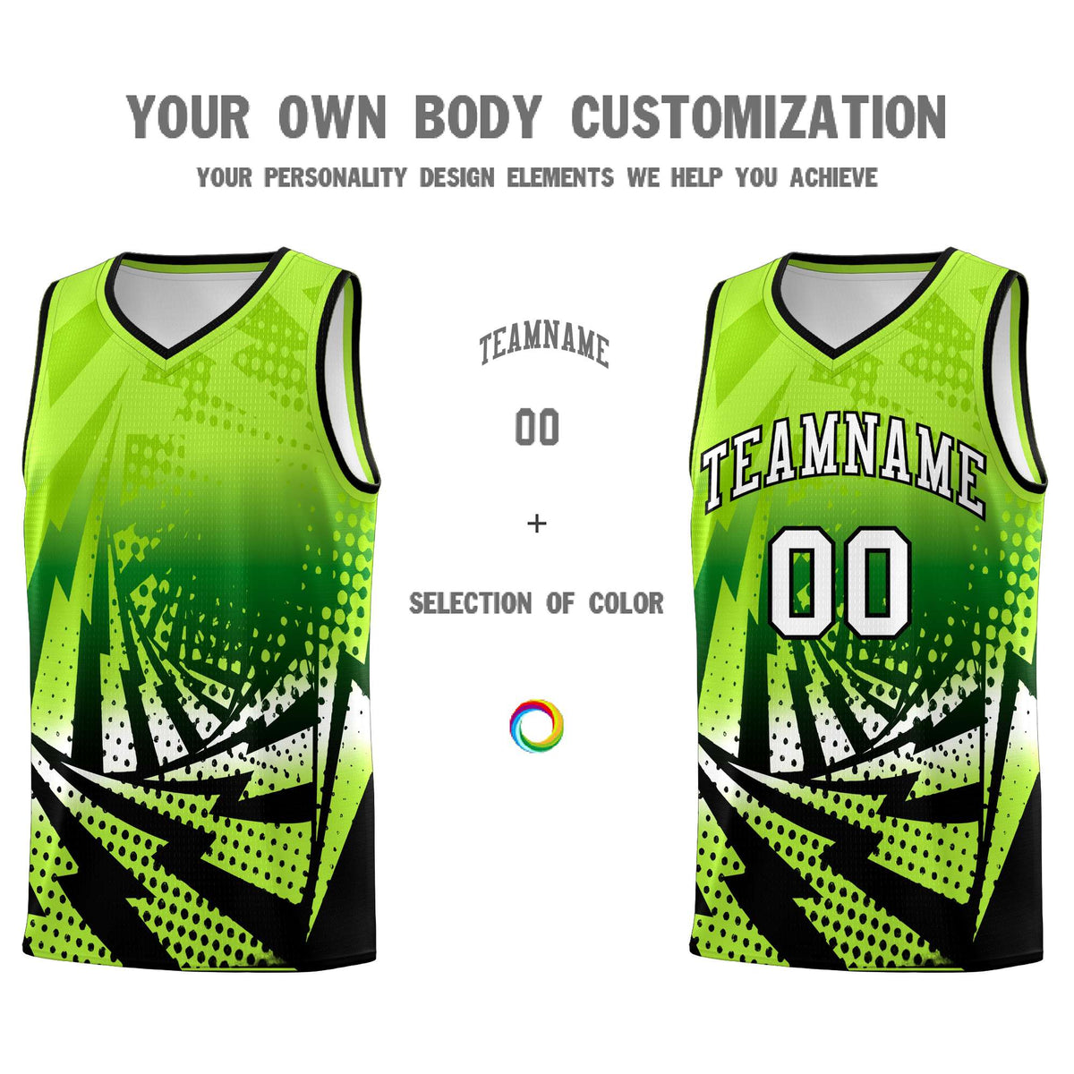 Custom Youth Basketball Jerseys Neon Green Black Lightning Halftone Personalized Team Uniforms