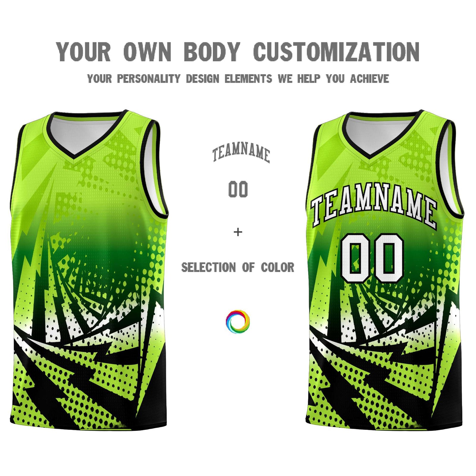 Custom Youth Basketball Jerseys Neon Green Black Lightning Halftone Personalized Team Uniforms