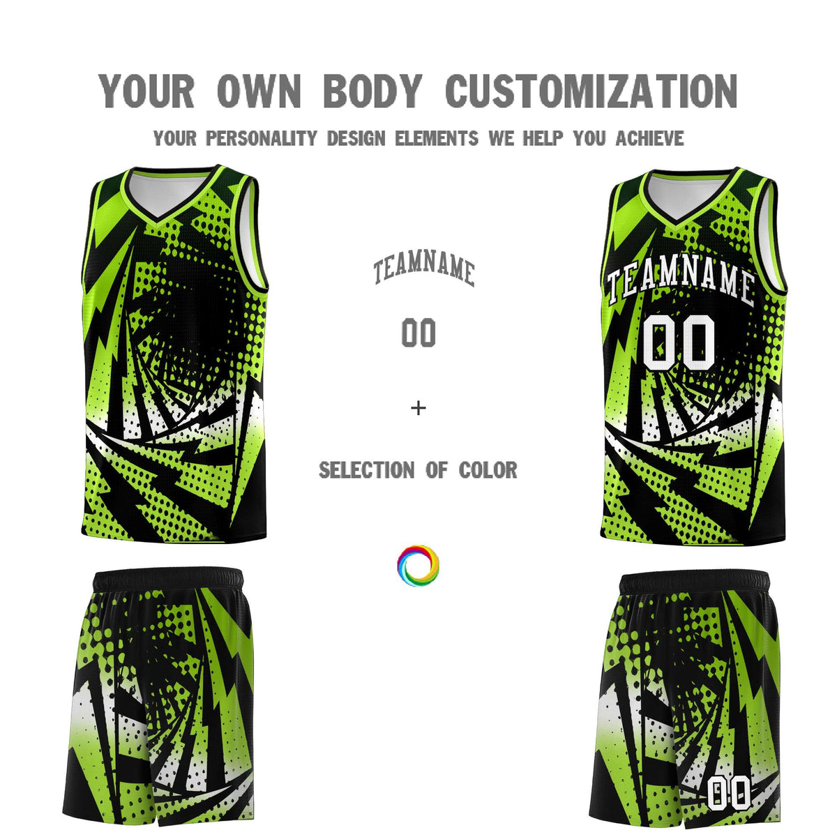Custom Youth Basketball Jerseys Neon Green Black Lightning Halftone Personalized Team Uniforms