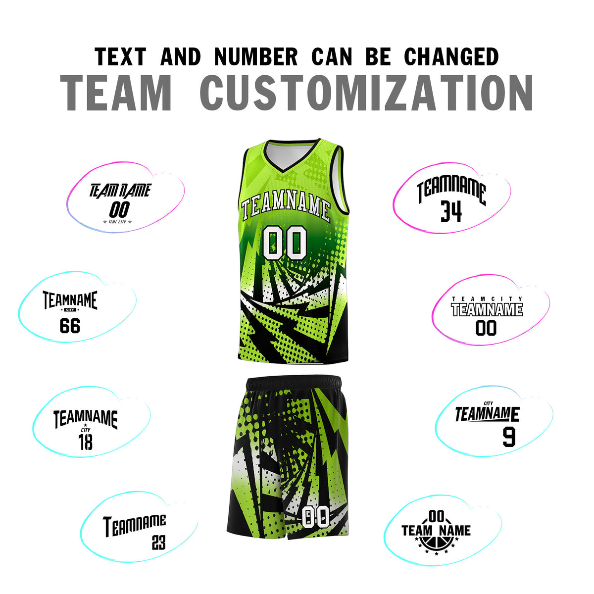 Custom Youth Basketball Jerseys Neon Green Black Lightning Halftone Personalized Team Uniforms