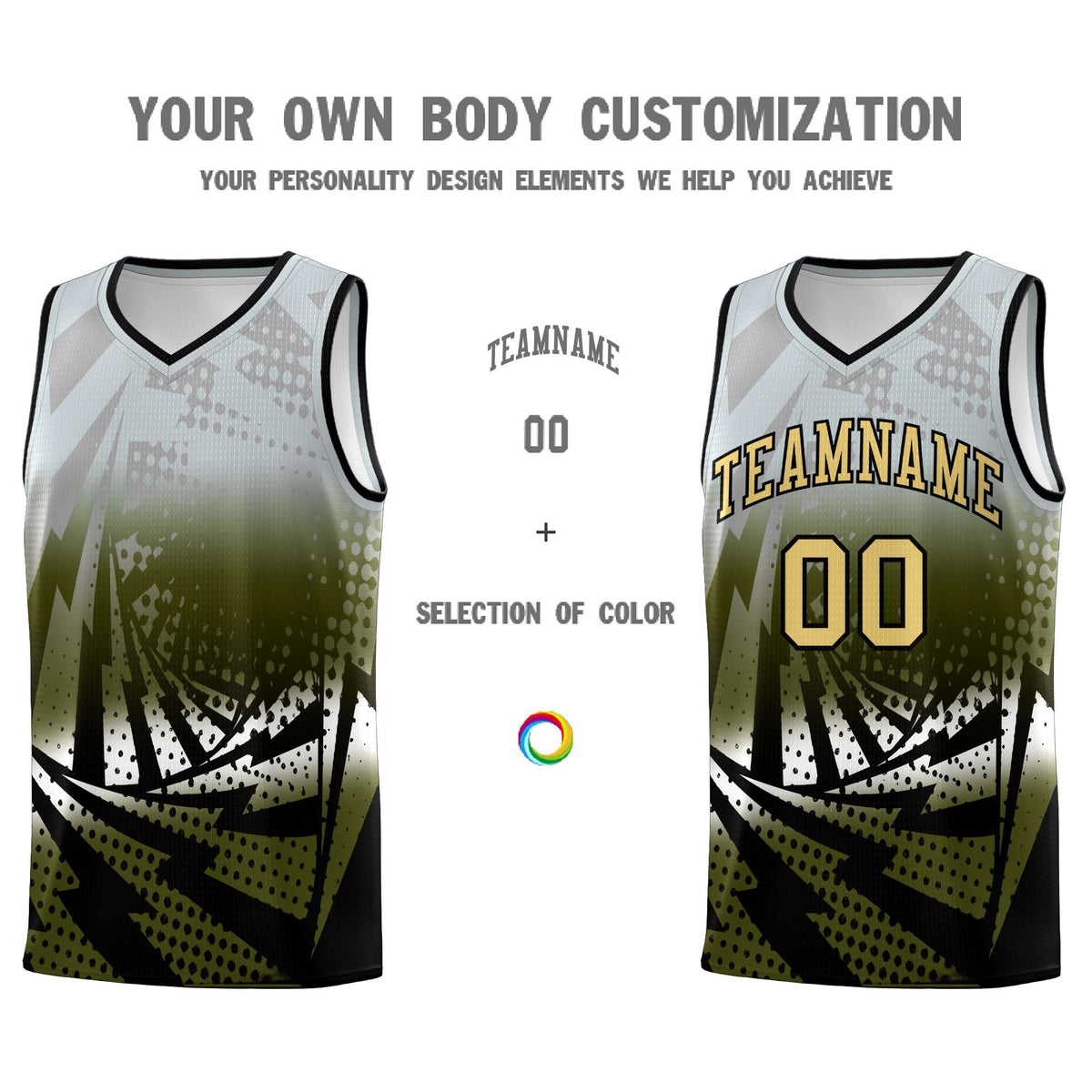 Custom Youth Basketball Jerseys Silver Gray Olive Lightning Design Halftone Personalized Uniforms