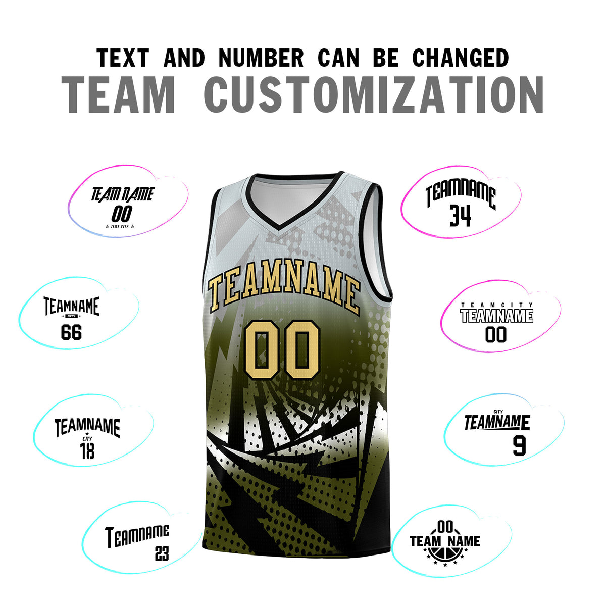 Custom Youth Basketball Jerseys Silver Gray Olive Lightning Design Halftone Personalized Uniforms