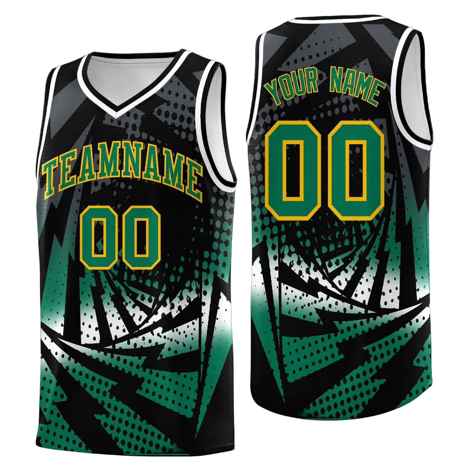 Custom Youth Basketball Jerseys Black Kelly Green Lightning Design Halftone Personalized Uniforms