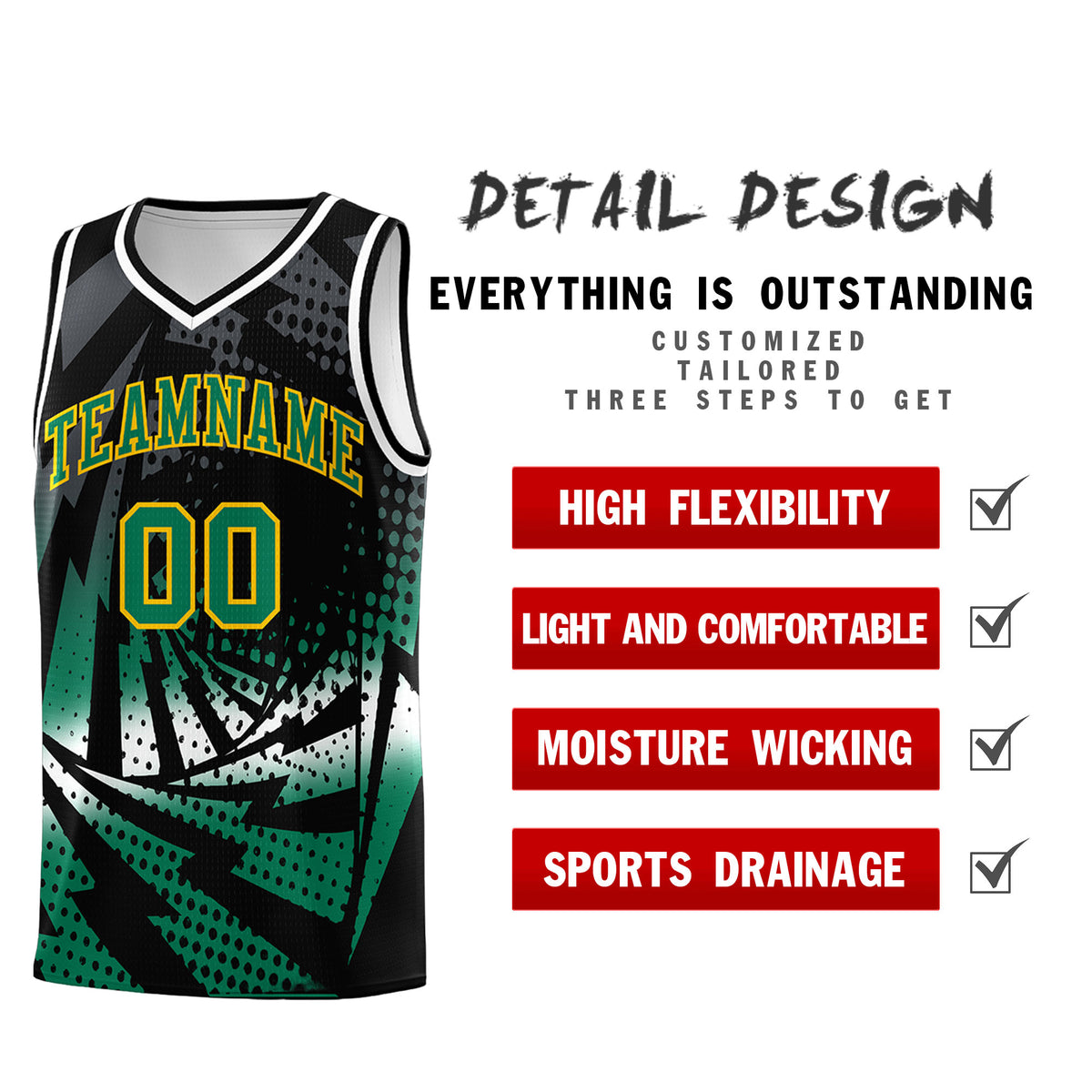 Custom Youth Basketball Jerseys Black Kelly Green Lightning Design Halftone Personalized Uniforms