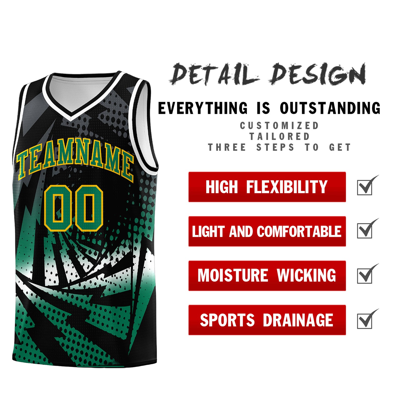 Custom Youth Basketball Jerseys Black Kelly Green Lightning Design Halftone Personalized Uniforms