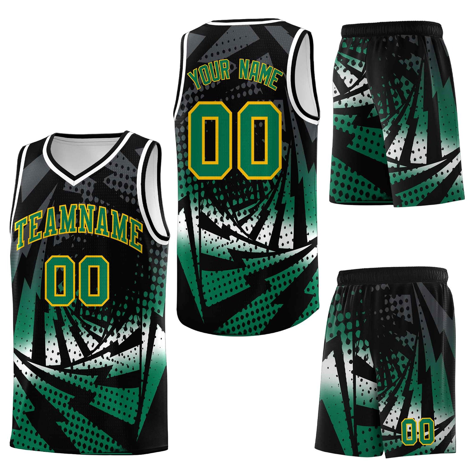 Custom Black Kelly Green Lightning Halftone Dot Design Breathable Uniform Basketball Jersey