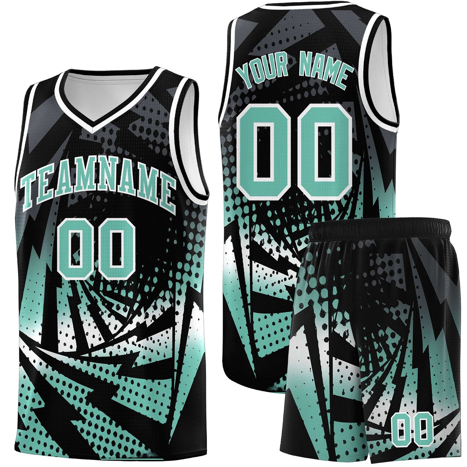 Custom Youth Basketball Jerseys Black Bright Green Lightning Halftone Personalized Team Uniforms