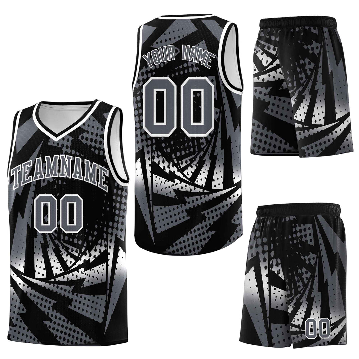 Custom Black Dark Gray Lightning Halftone Dot Design Lightweight Uniform Basketball Jersey