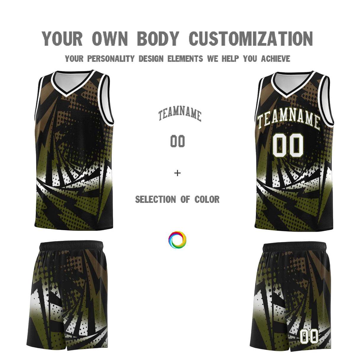 Custom Youth Basketball Jerseys Black Olive Lightning Design Halftone Personalized Uniforms