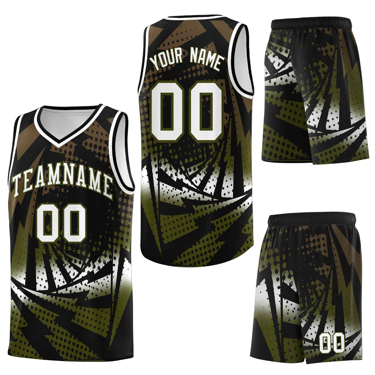 Custom Black Olive Lightning Halftone Dot Design Drapable Uniform Basketball Jersey