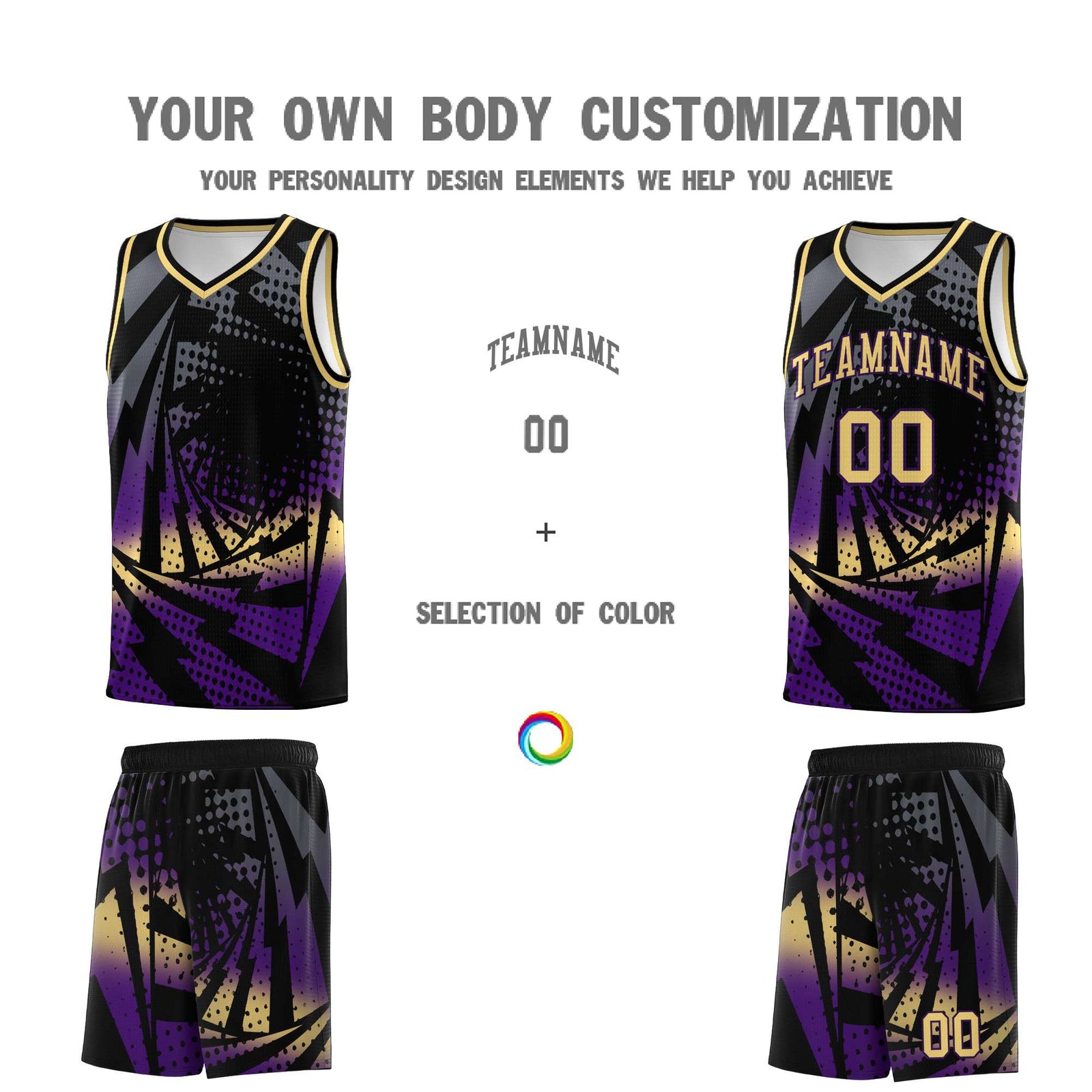 Custom Youth Basketball Jerseys Black Purple Lightning Design Halftone Personalized Uniforms