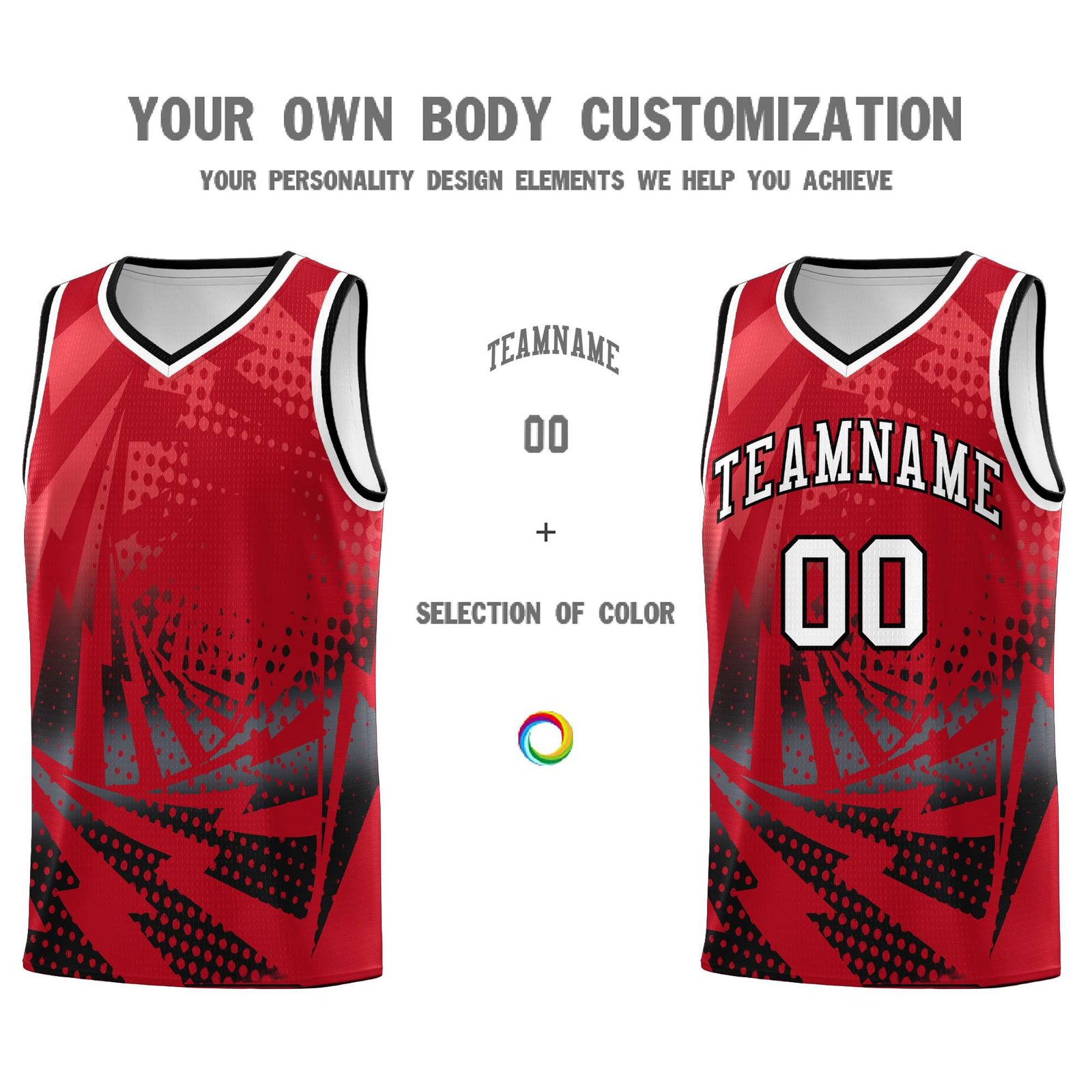 Custom Youth Basketball Jerseys Red Black Lightning Halftone Personalized Team Uniforms