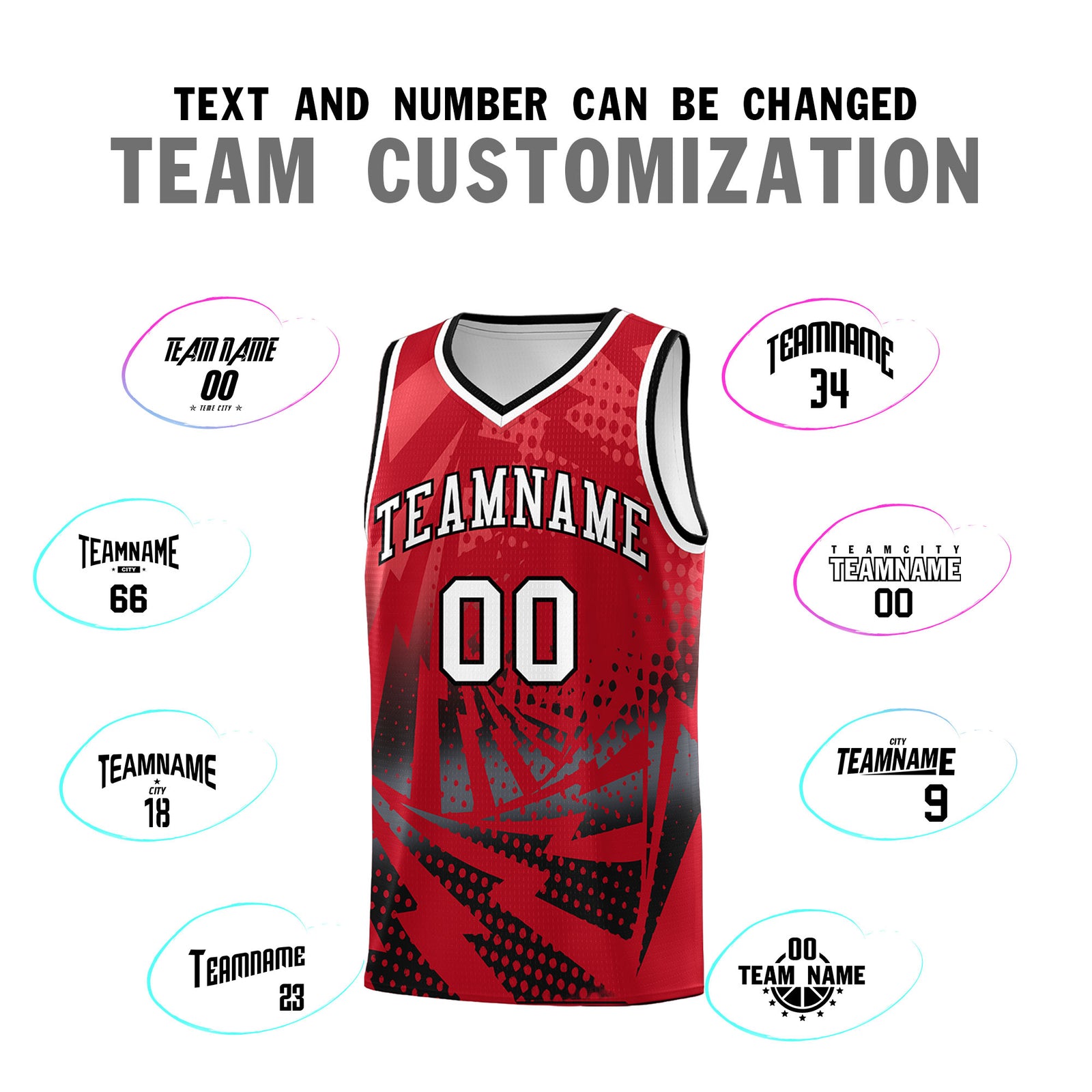 Custom Youth Basketball Jerseys Red Black Lightning Halftone Personalized Team Uniforms