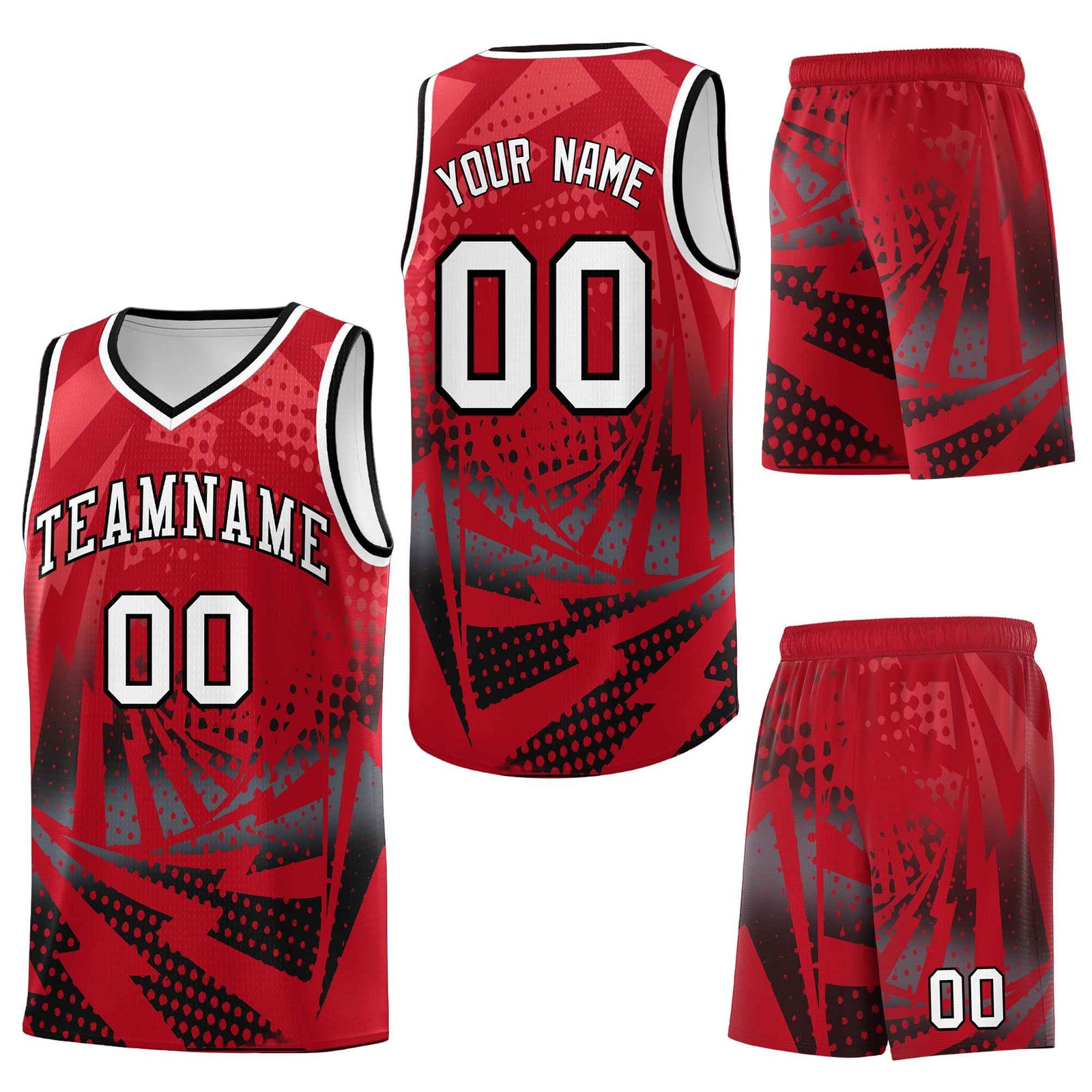Custom Red Black Lightning Halftone Dot Design Drapable Uniform Basketball Jersey