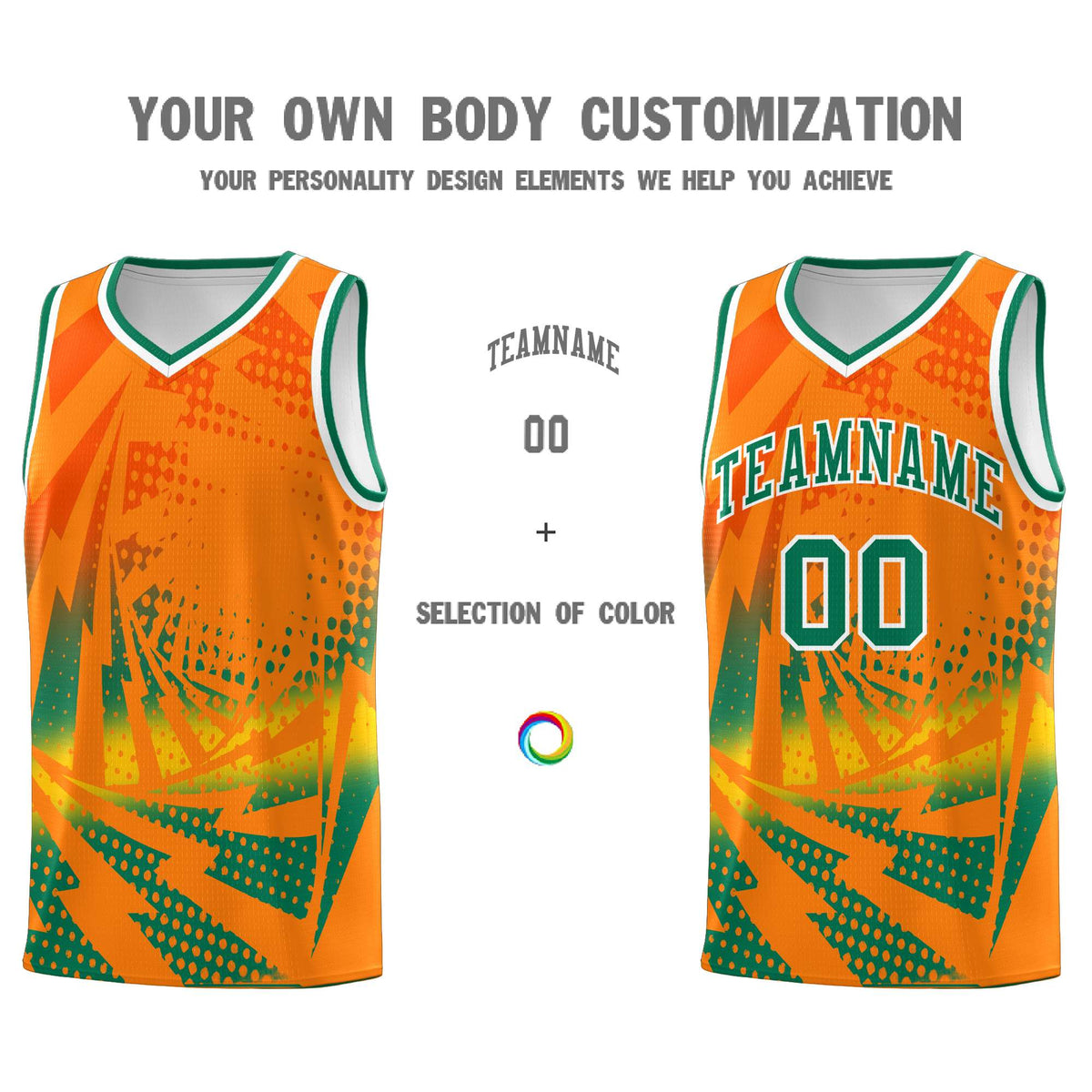 Custom Youth Basketball Jerseys Orange Kelly Green Lightning Design Halftone Personalized Uniforms