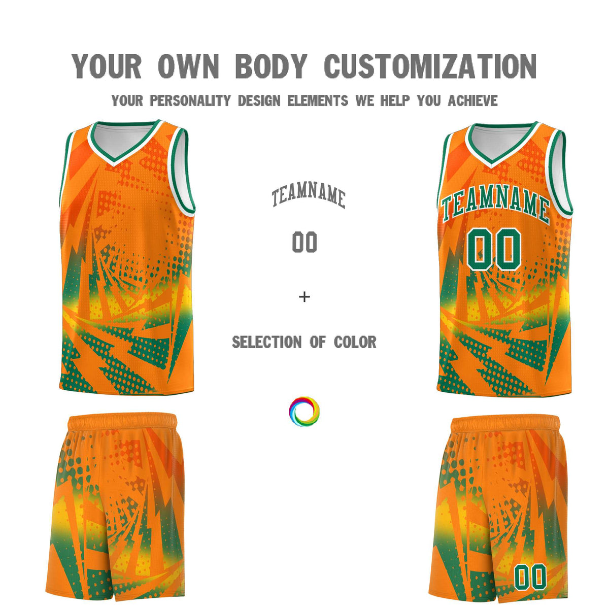 Custom Youth Basketball Jerseys Orange Kelly Green Lightning Design Halftone Personalized Uniforms