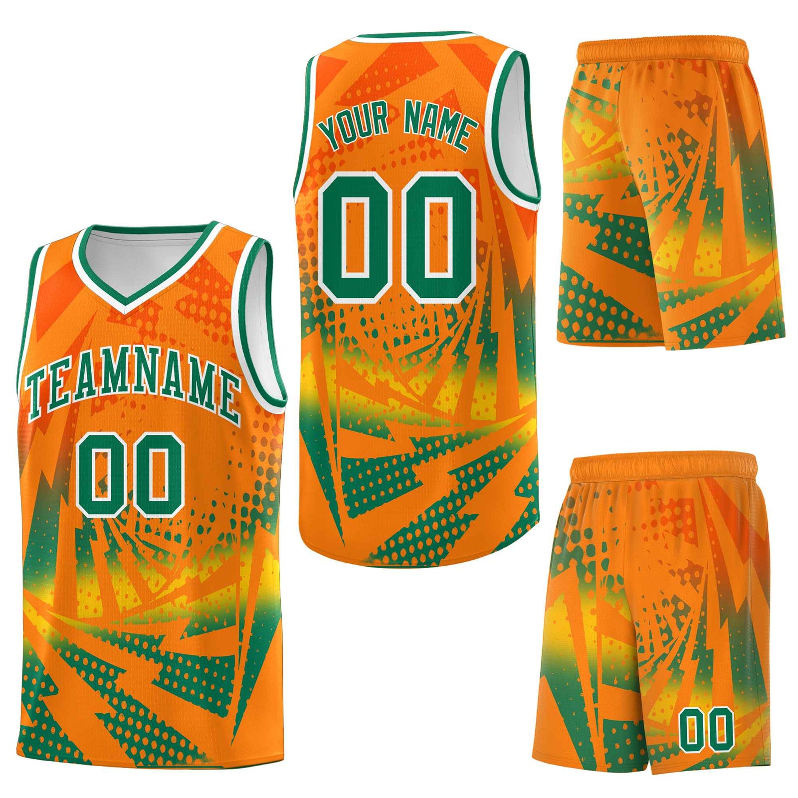 Custom Orange Kelly Green Lightning Halftone Dot Design Breathable Uniform Basketball Jersey