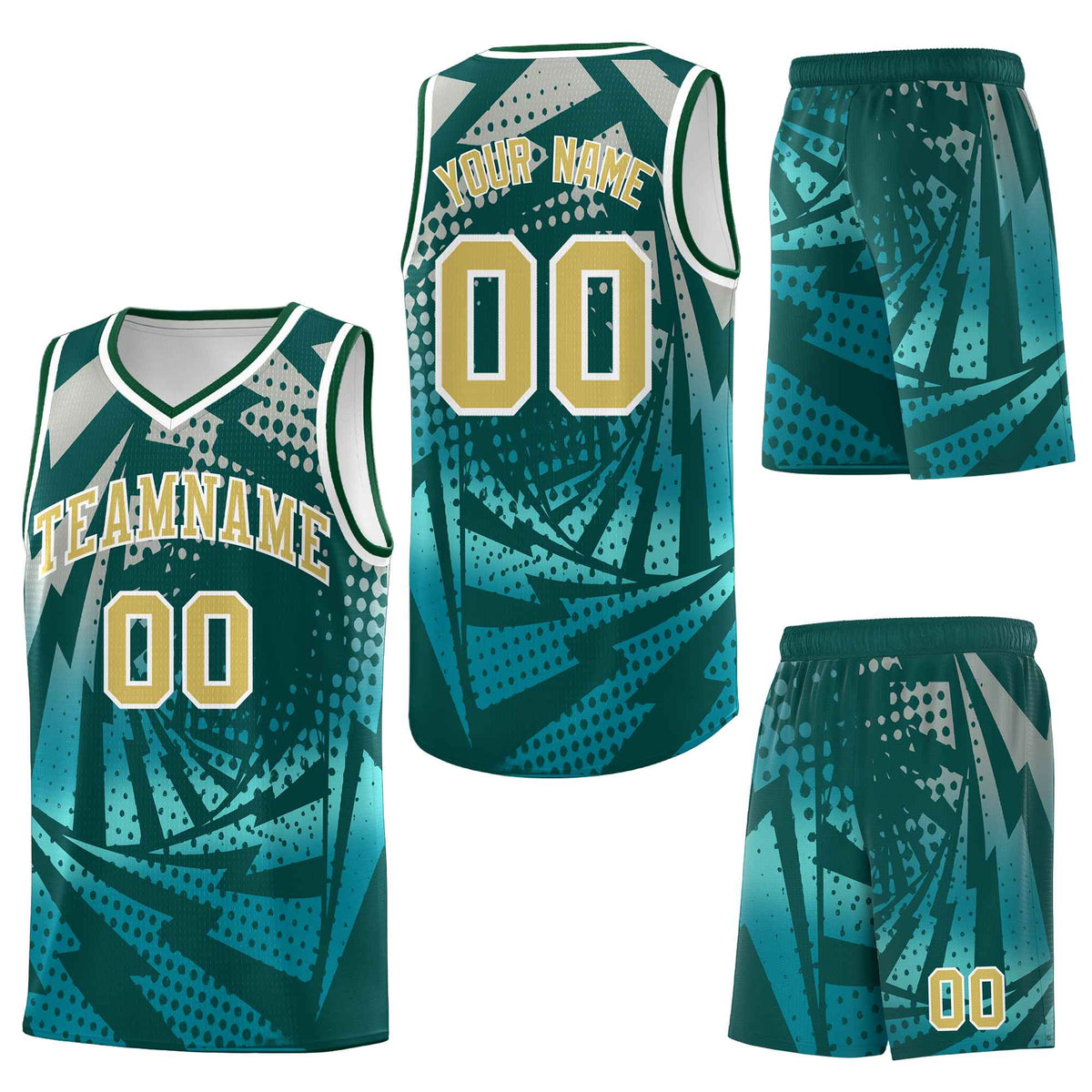 Custom Midnight Green Teal Lightning Halftone Dot Design Wrinkle-Resistant Uniform Basketball Jersey