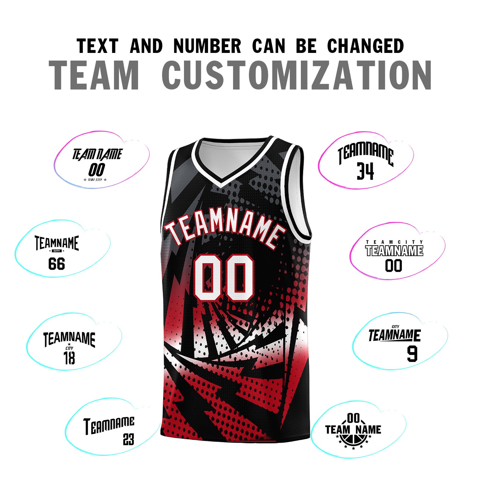 Custom Youth Basketball Jerseys Black Red Lightning Halftone Personalized Team Uniforms