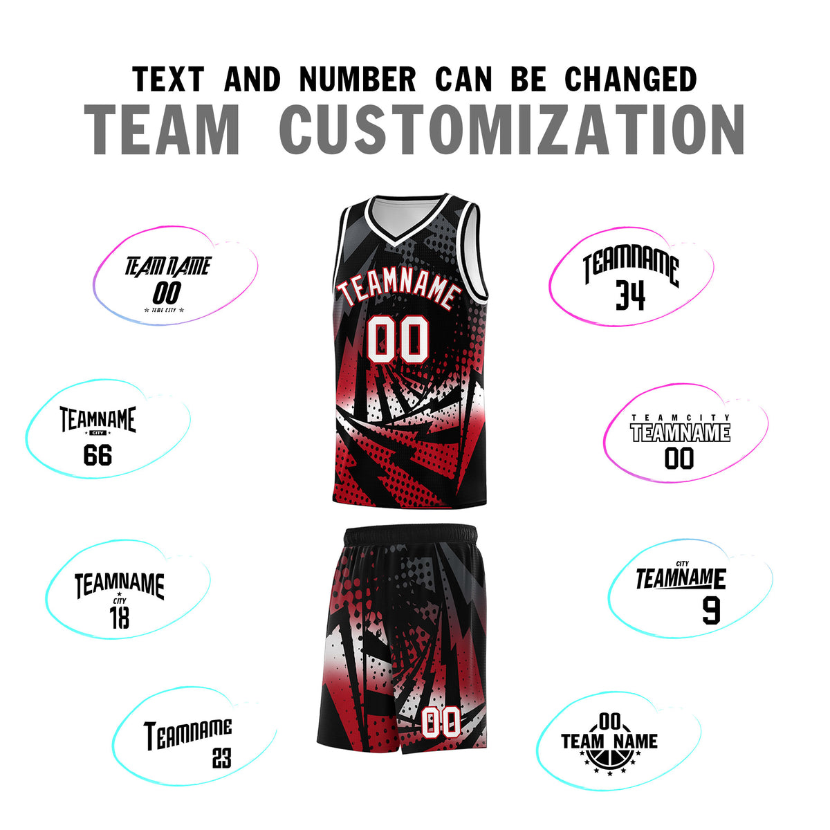 Custom Youth Basketball Jerseys Black Red Lightning Halftone Personalized Team Uniforms
