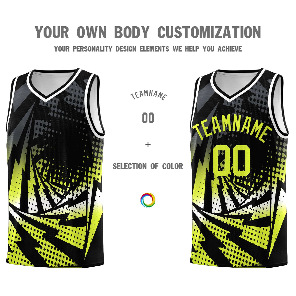 Custom Youth Basketball Jerseys Black Fluorescent Green Lightning Halftone Personalized Team Uniforms