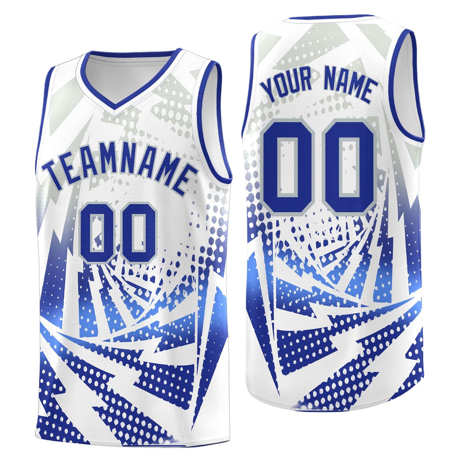 Custom Youth Basketball Jerseys White Royal Blue Lightning Design Halftone Personalized Uniforms
