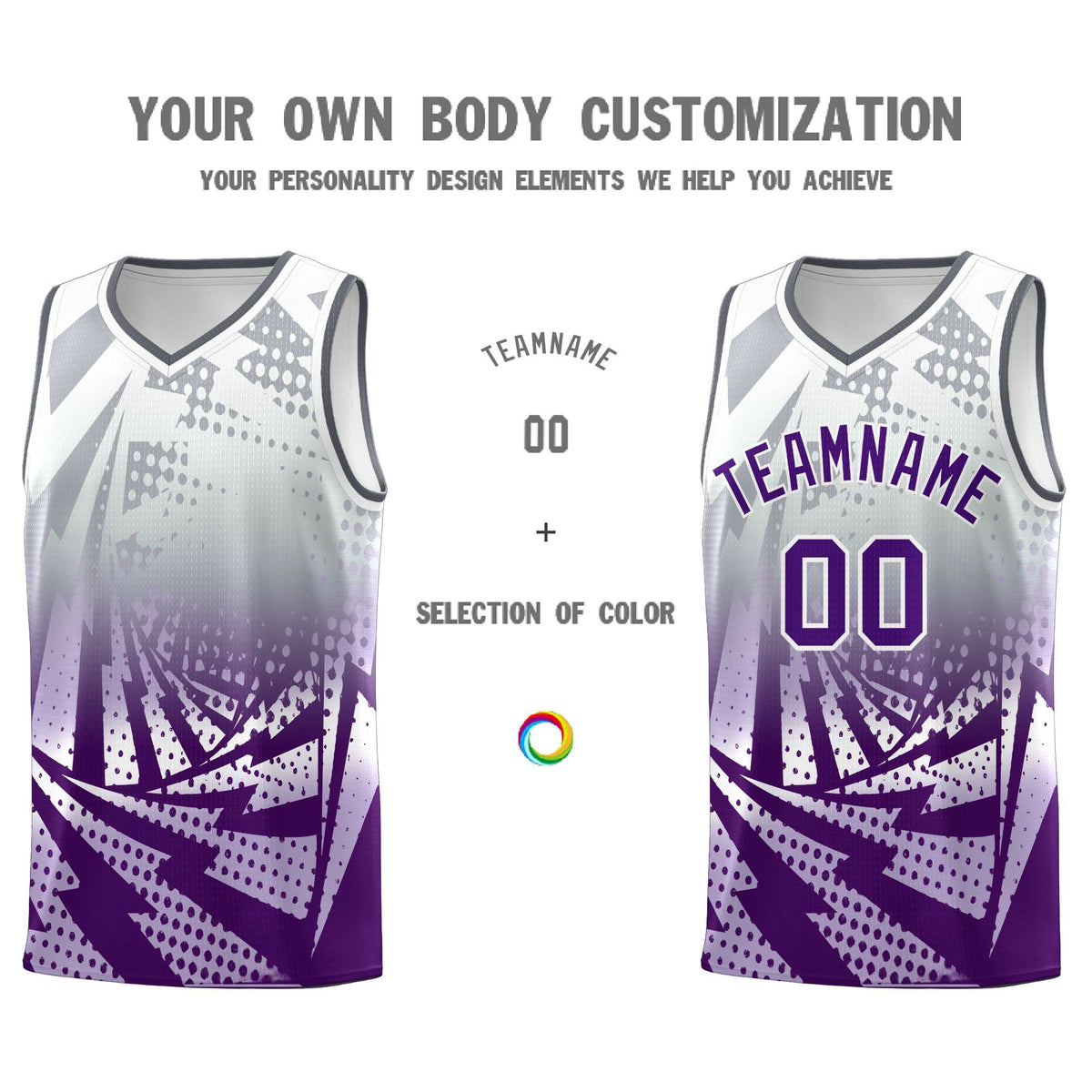 Custom Youth Basketball Jerseys Silver Gray Purple Lightning Design Halftone Personalized Uniforms